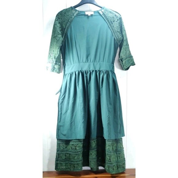 Metisu Dress Forest Green Ivy Lace Pattern Lined Overlay V-neck Size S - Picture 15 of 16